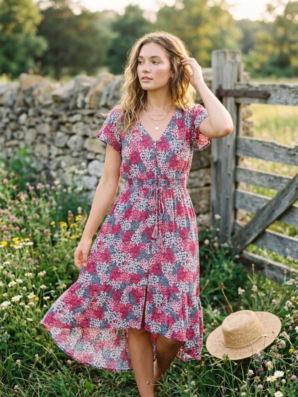 Knox Rose 100% Rayon Button Flowy Midi Below Knee Dress Floral Red Size S
